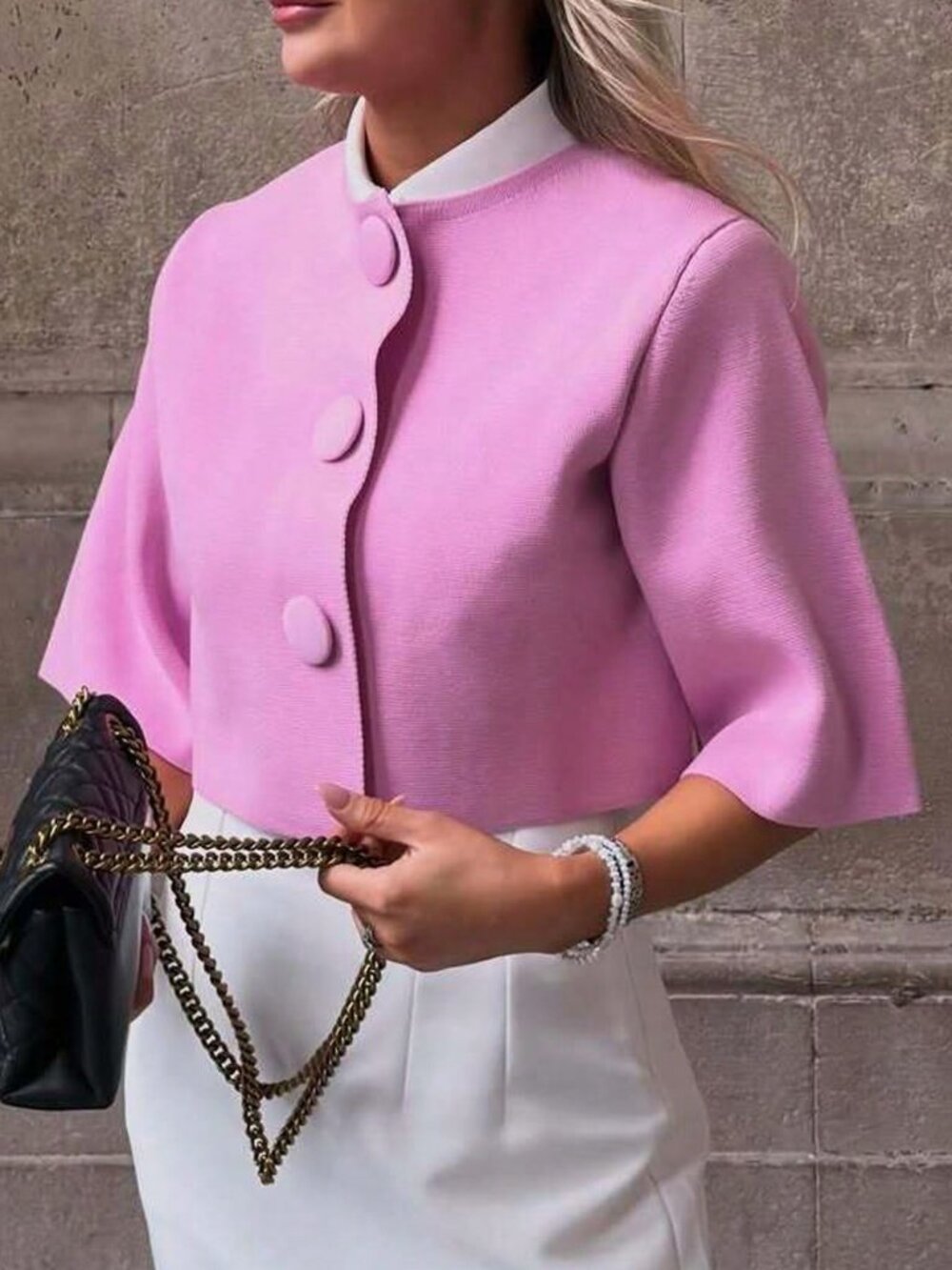Pink Casual Women's Knitted Short Cardigan Top - Picture 3 of 4